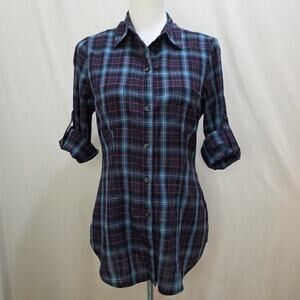 Converse One Star Plaid Roll Up Sleeve Button Down Green Blue Grunge Shirt Small